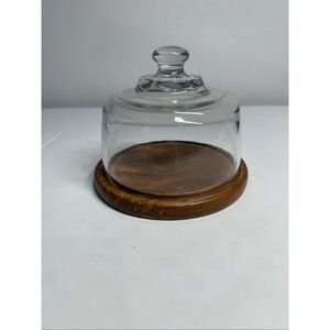 Vintage Teak Wood & Glass 7” Cheese Server Heavy Glass Dome